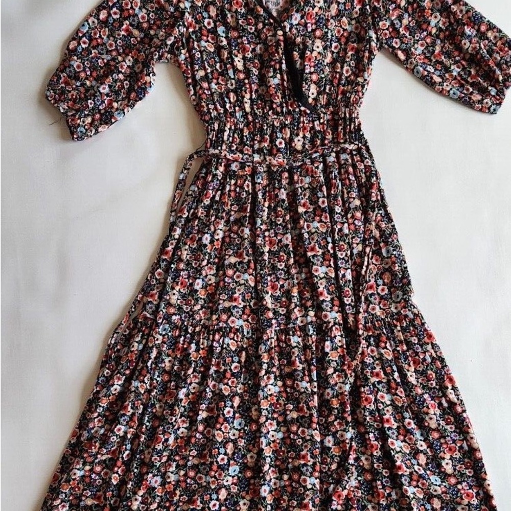 Blue Rain Black floral 3-tier maxi dress with elastic waist size smalls